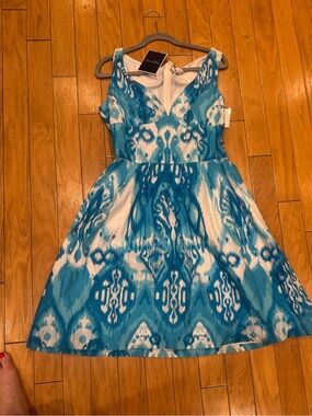 Turquoise & White Ikat Fit-and-Flare Dress Oscar de La renta suze 12